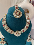 Royal Kundan Hasli Look Necklace With Mang Tikka & Earrings (Maroon)