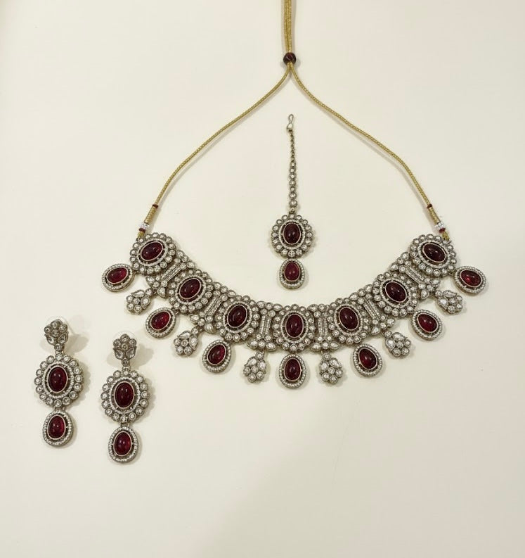 High Quality Designer Bold Maroon Choker With Mang Tikka & Earrings