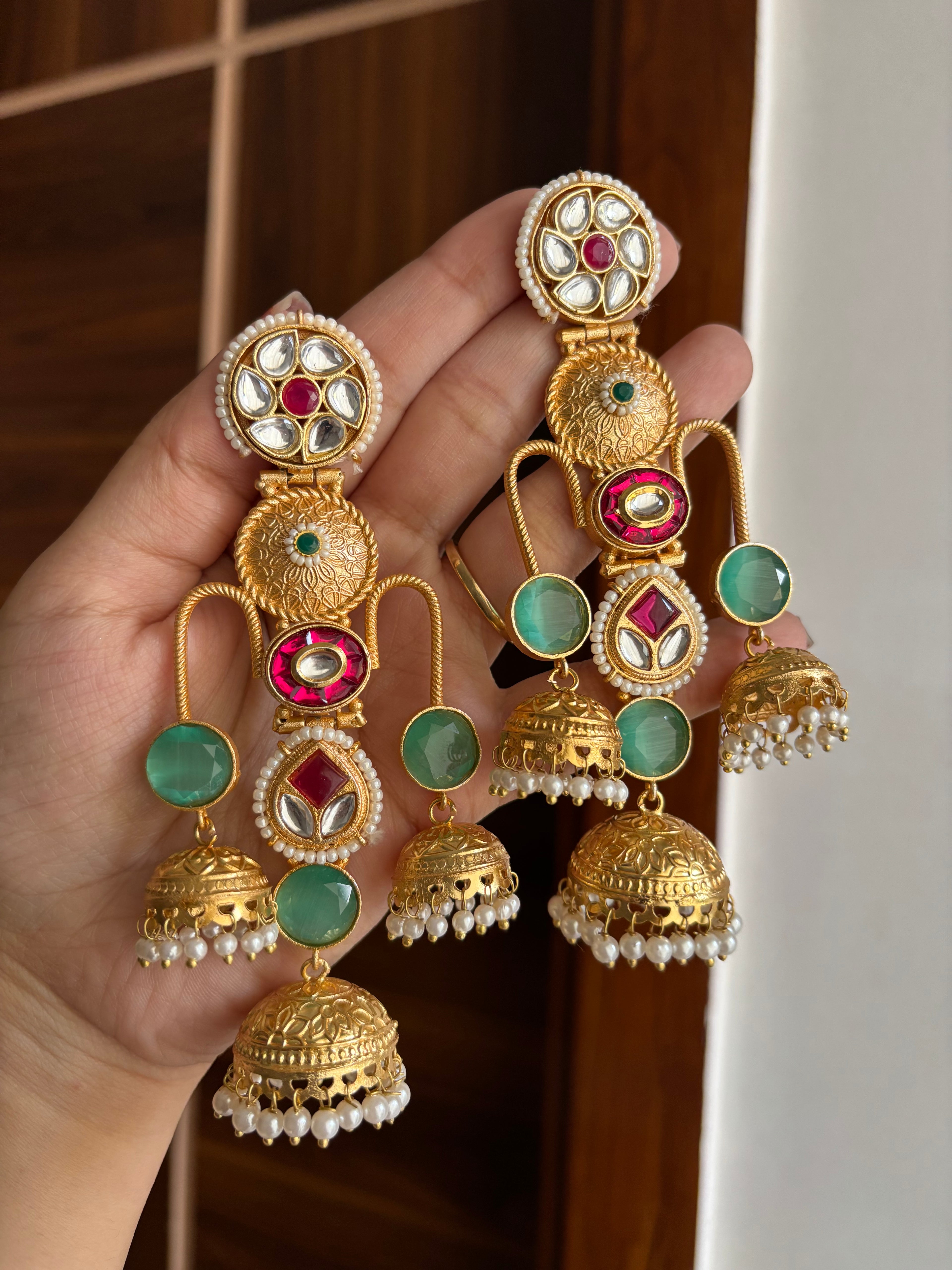 Meghna Statement Brass Earrings ( Turquoise)
