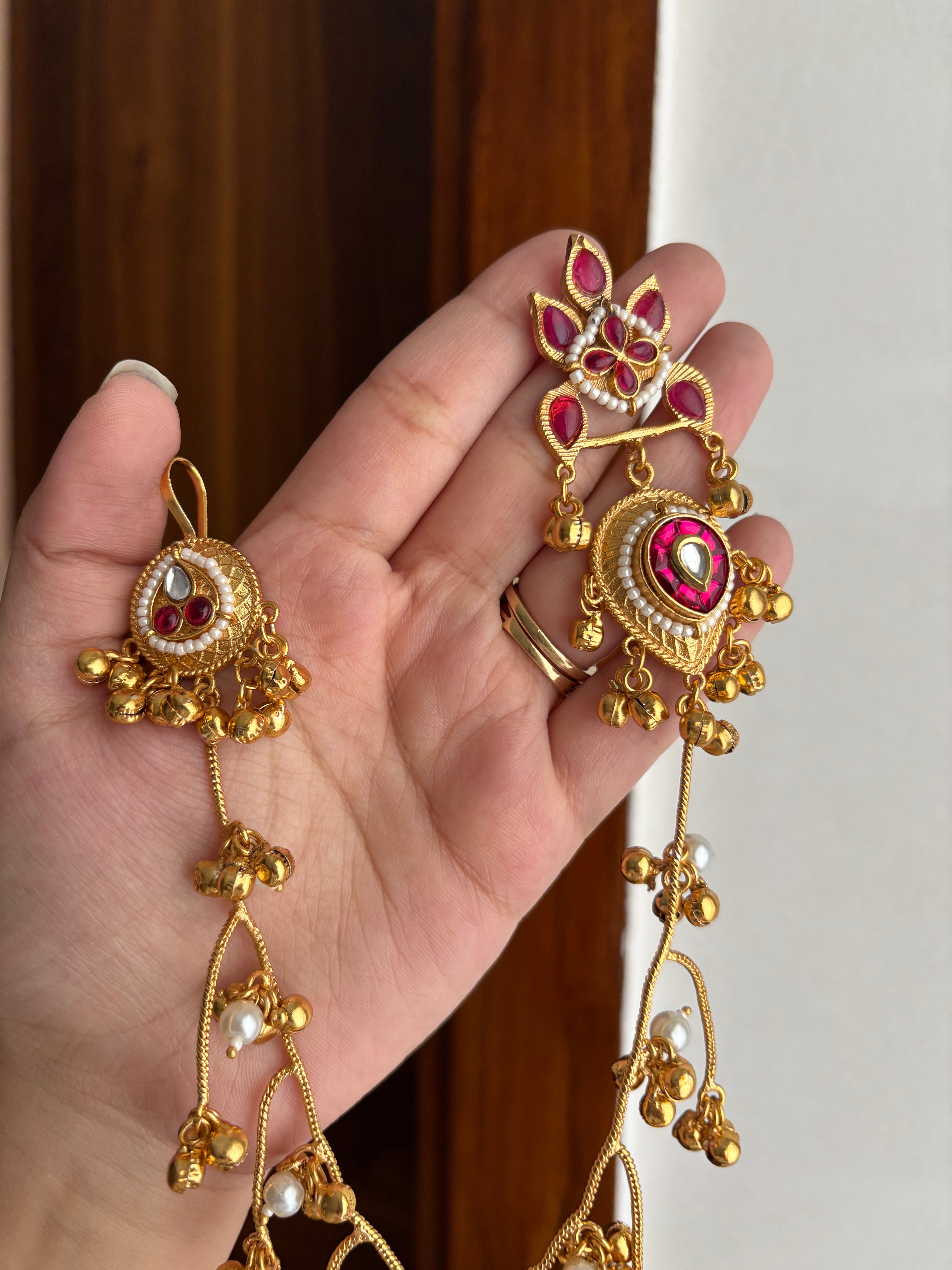Noor Brass Earrings With Side Layers (Maroon)