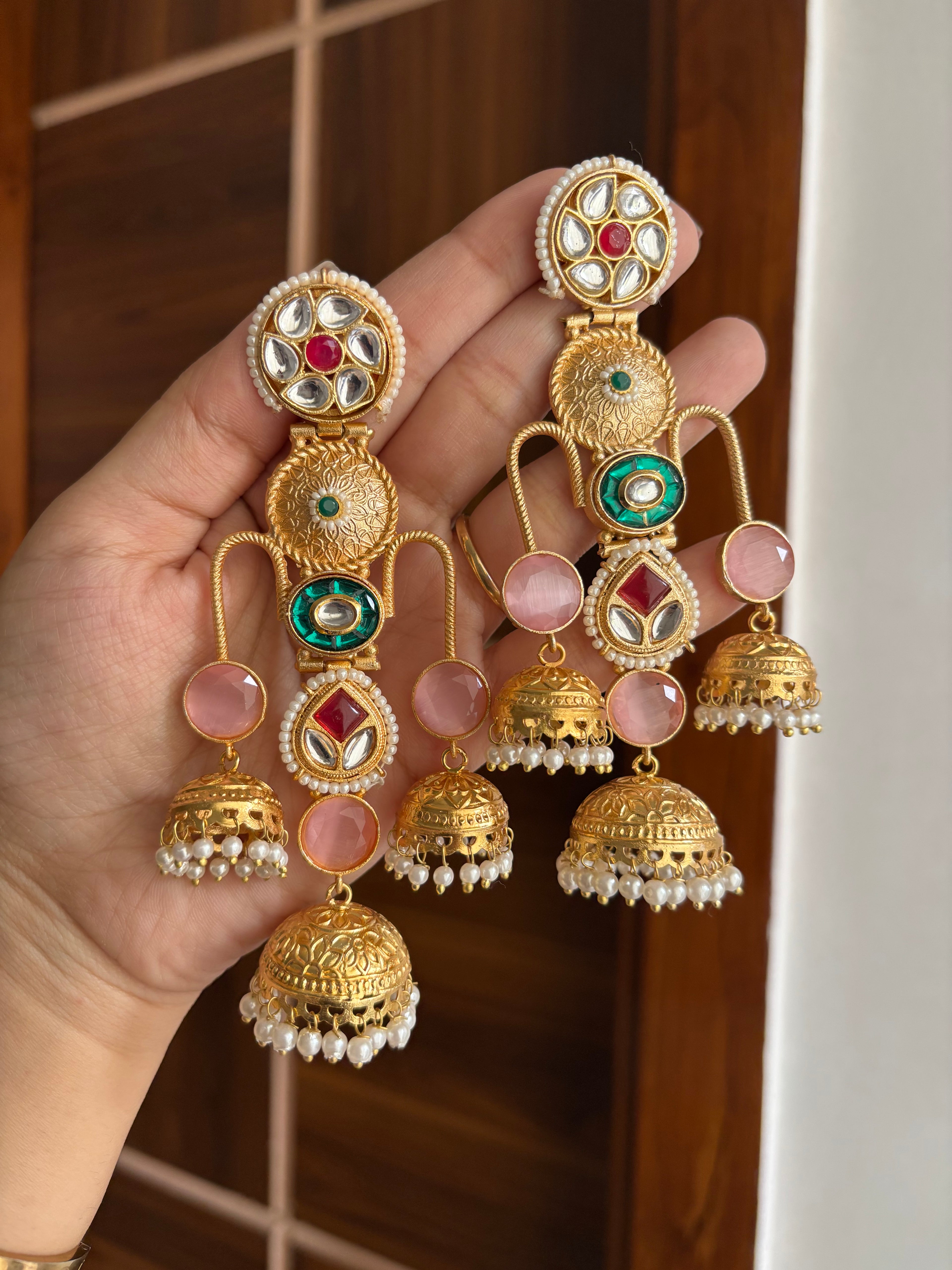 Meghna Statement Brass Earrings (Pink)