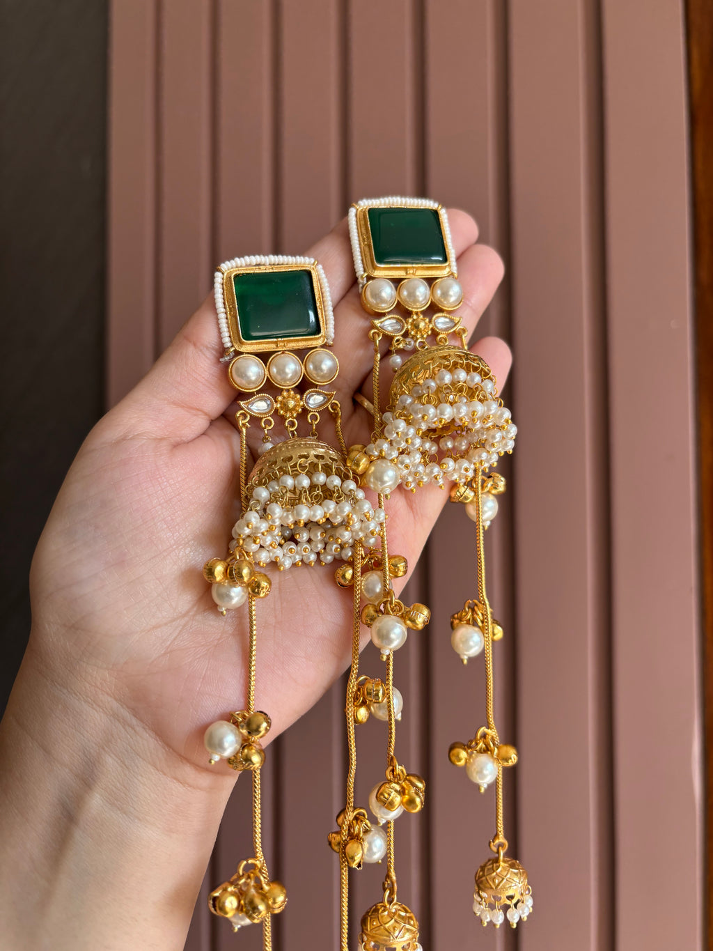 High Quality Designer Tanisha Jhumkas With Long Layers ( Green )
