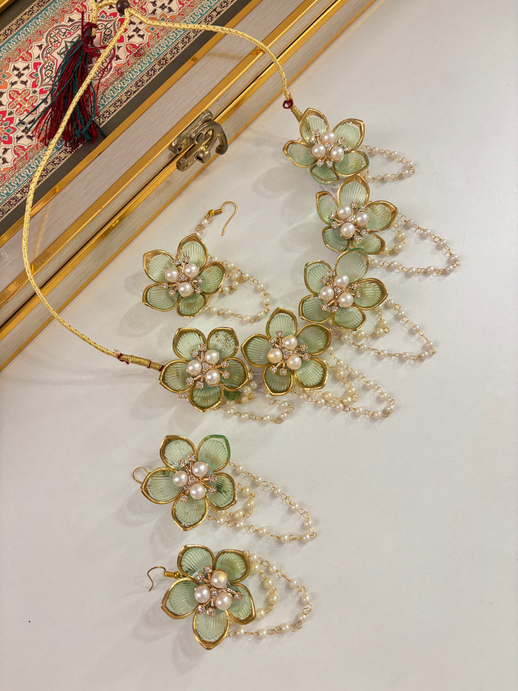 Flower Petal Floral Necklace With Mang Tikka & Earrings (Mint)