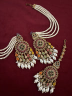 High Quality Designer Jadau Multi Mang Tikka With Earrings In Layers With Side Layers