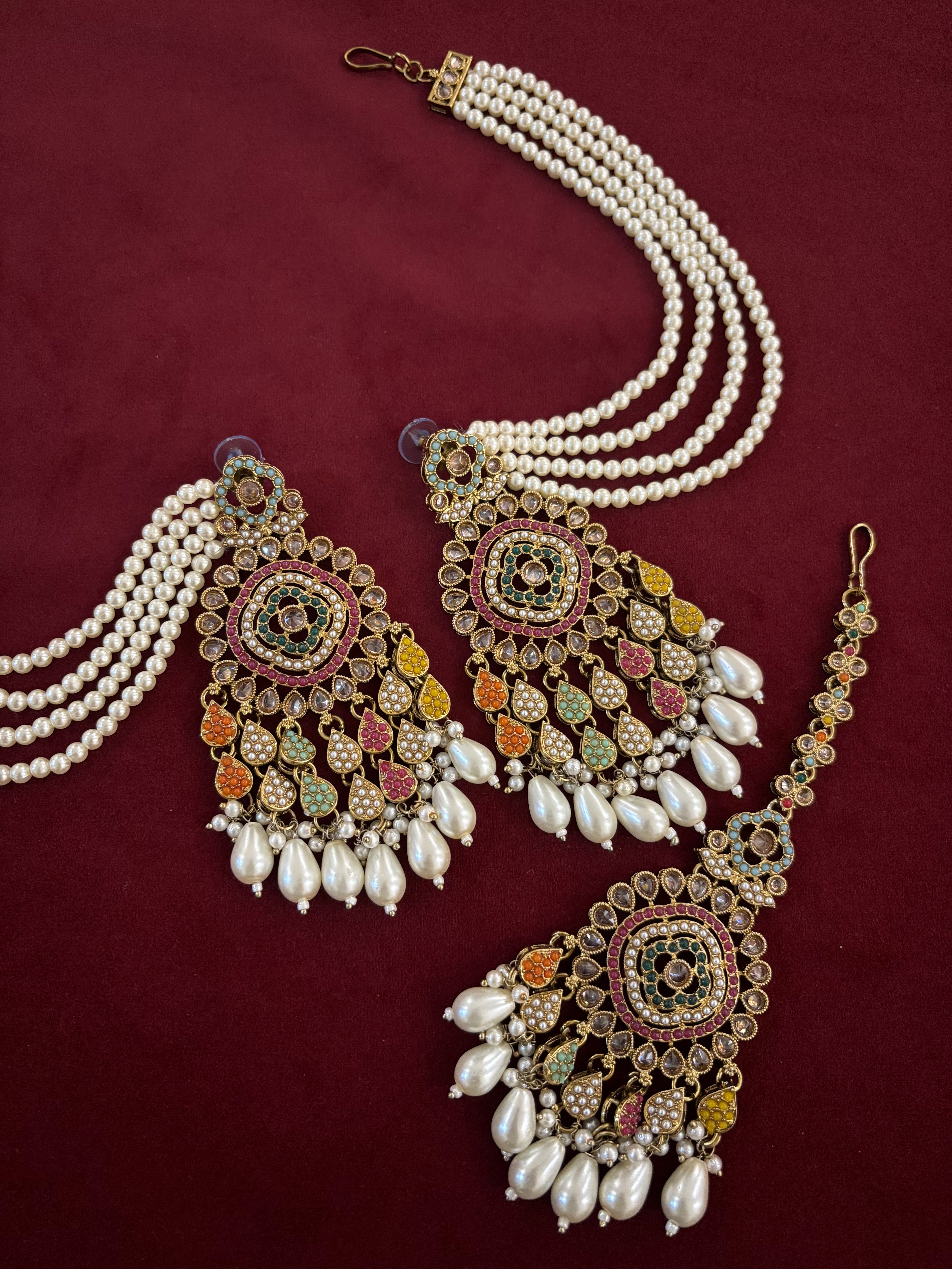 High Quality Designer Jadau Multi Mang Tikka With Earrings In Layers With Side Layers
