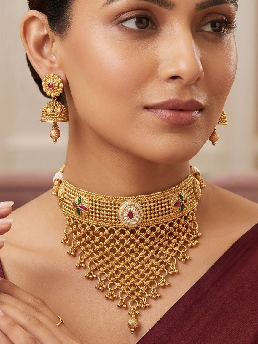 Premium Gold Look Like Choker Set With Jhumkas Design-26