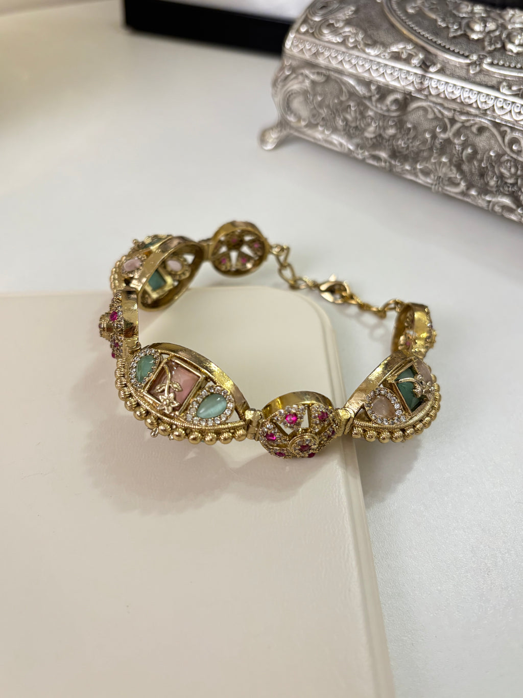 Premium Brass Adjustable Moissanite & Doublet Stones Work Adjustable Bracelet (Pink & Mint)