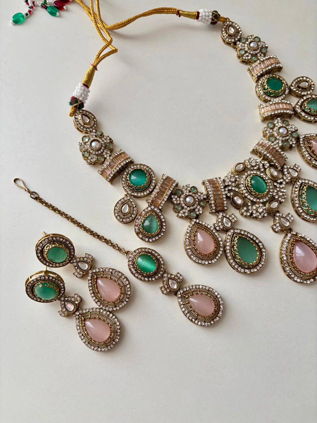 Princess Maya Multi Rose Drop Necklace With Earrings (Mint & Pink)