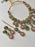 Princess Maya Multi Rose Drop Necklace With Earrings (Mint & Pink)
