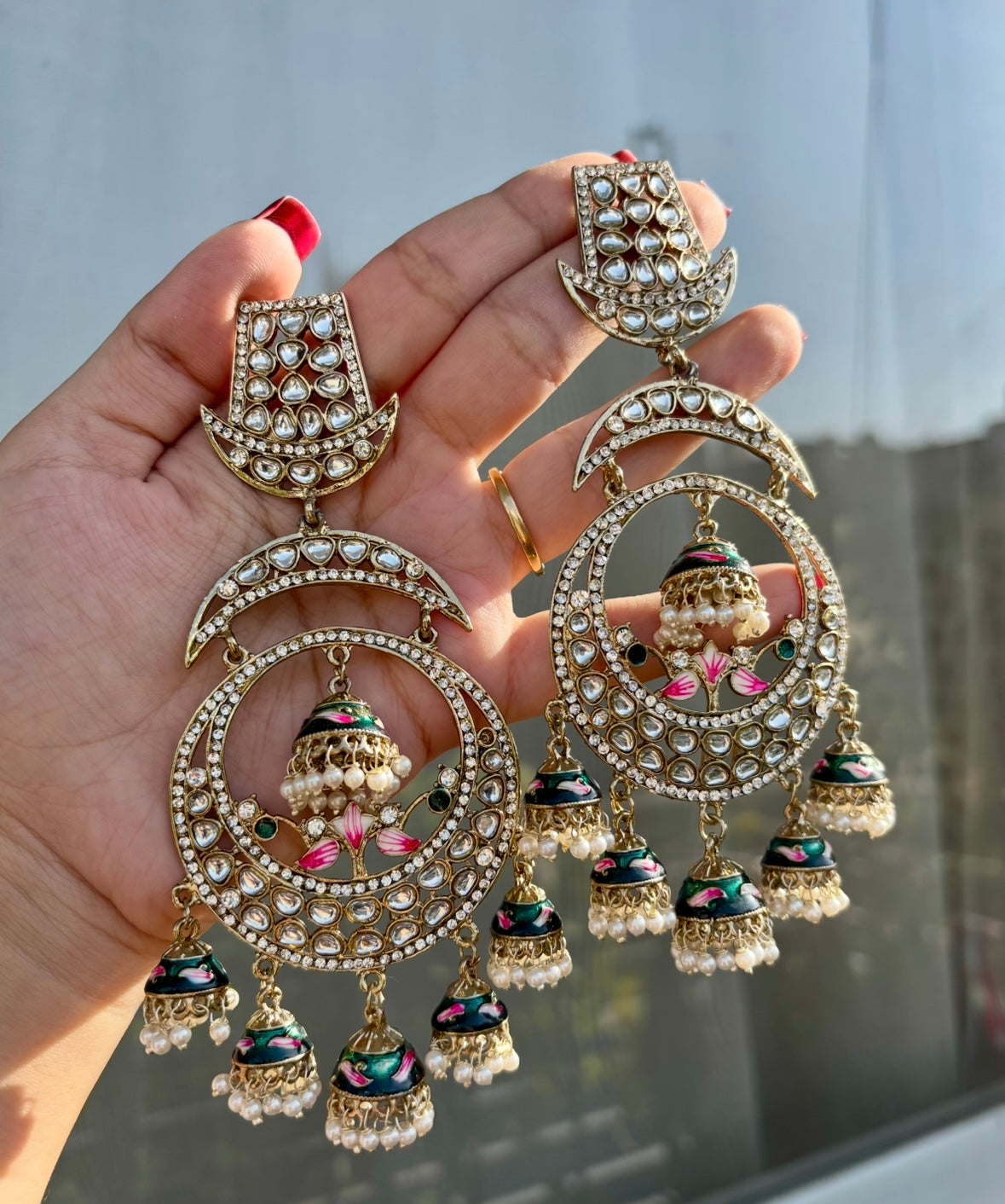 Meena Chandbali Long Earrings (Green)