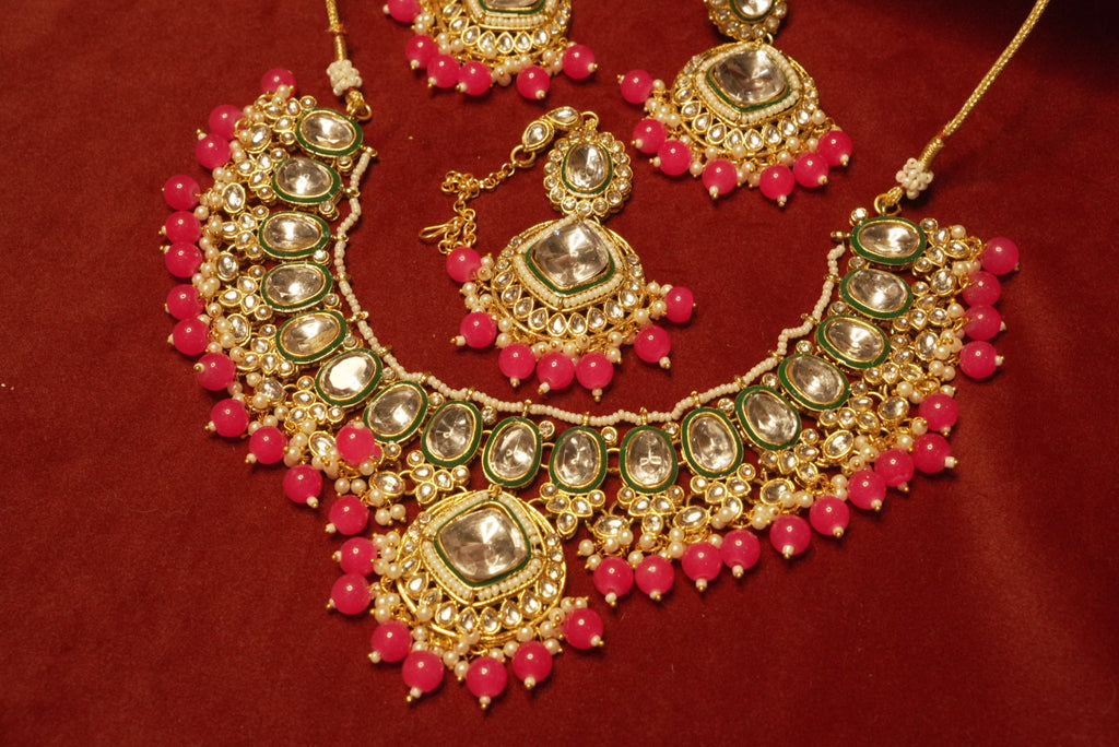 Dark Pink Kundan Dupe Necklace With Mang Tikka & Earrings
