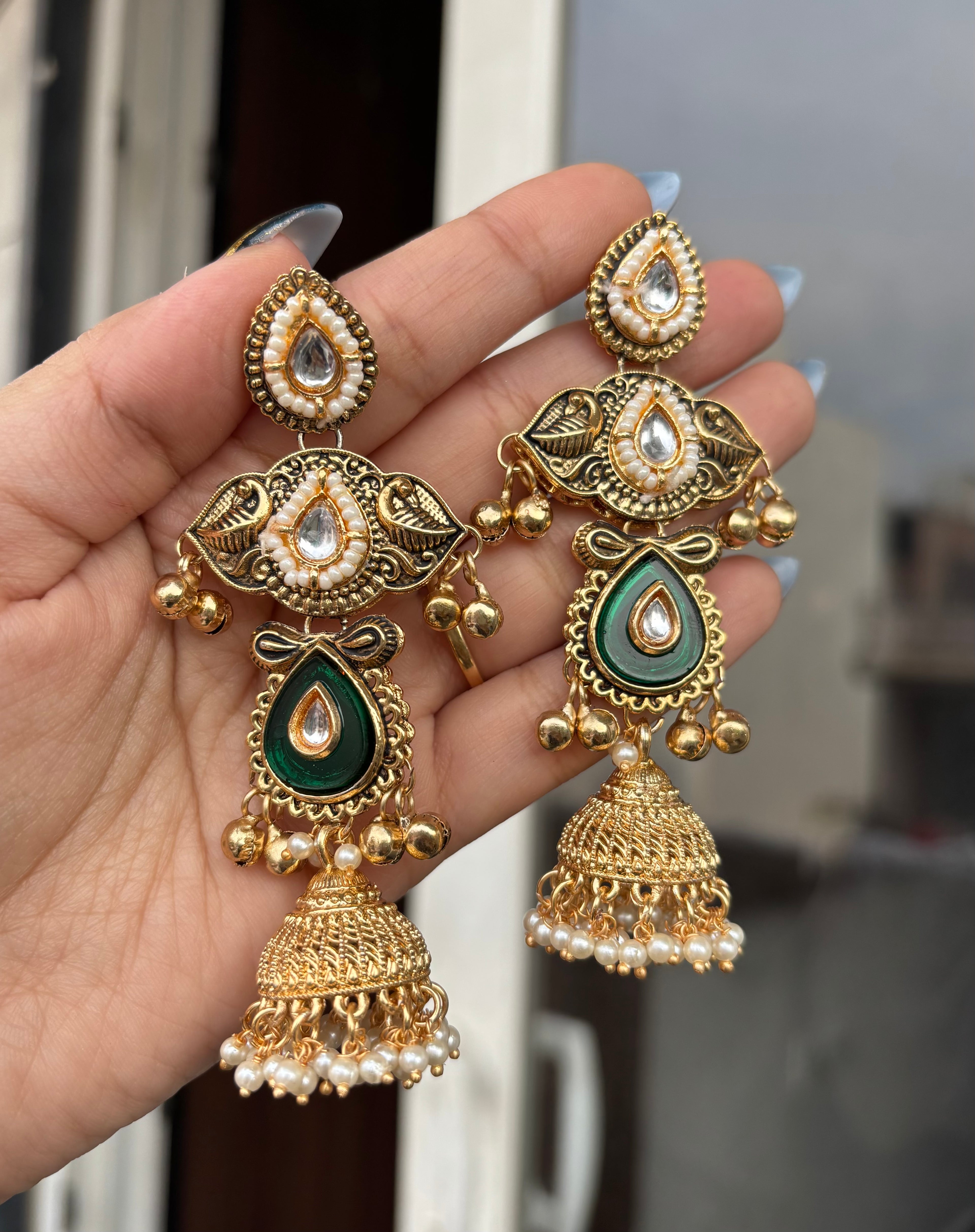Sunheri Green Kashmiri Earrings