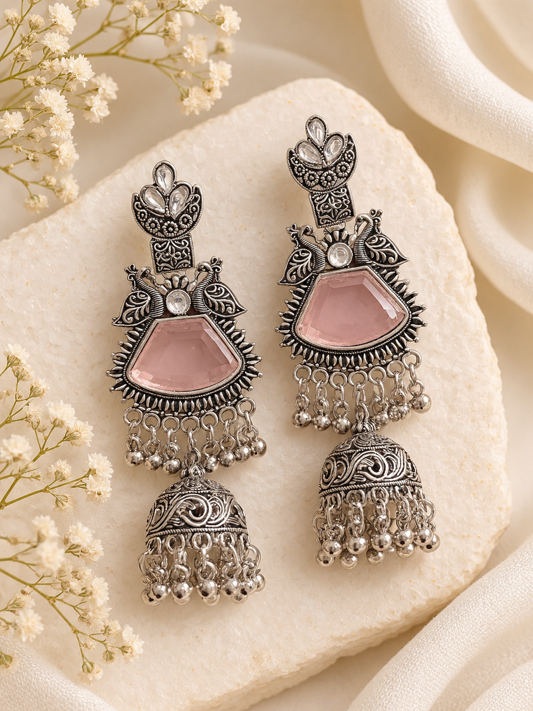 Safeena Silver Jhumkas (Pink)