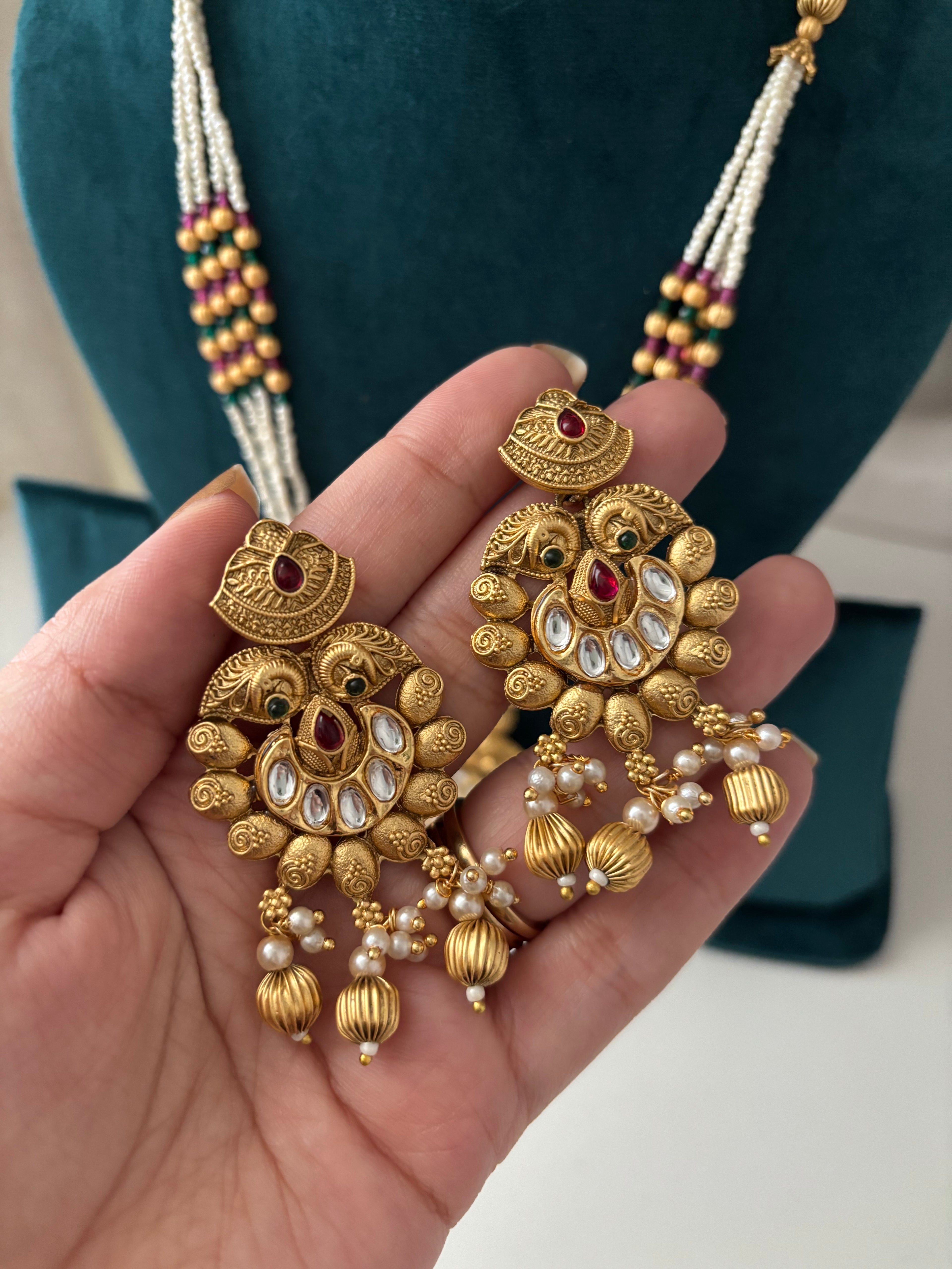Heritage Long Ganesha Haar With Earrings (Ruby & Emerald)