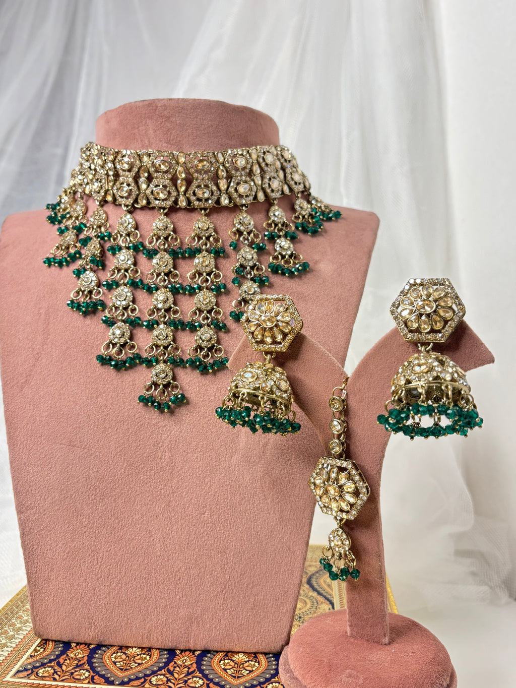 Tulsi Layer Necklace With Mang Tikka & Jhumkas