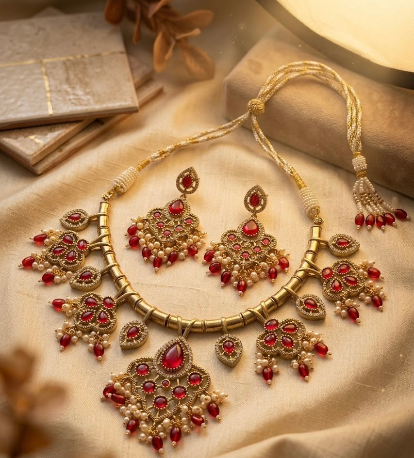 Prableen Premium Necklace With Earrings ( Ruby )
