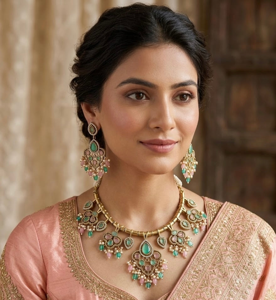 Prableen Premium Necklace With Earrings (Pink & Mint)
