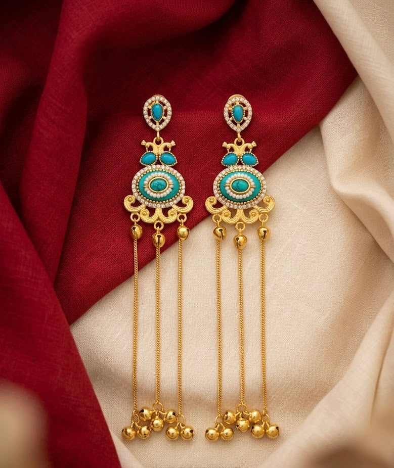 Kareena Kashmiri Long Layer Earrings (Aqua Blue)