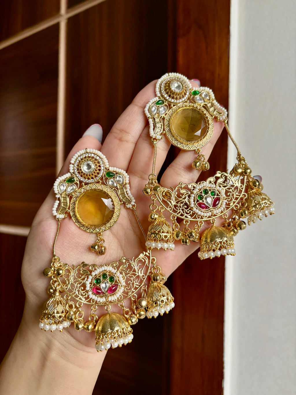 Laila Kashmiri Chandbali Earrings (Mustard)