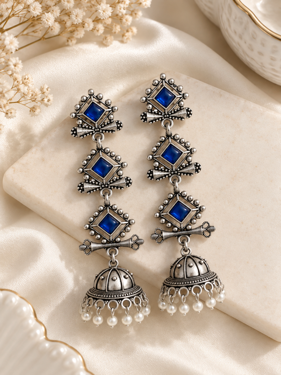 Aliya German Silver Jhumki (Blue)