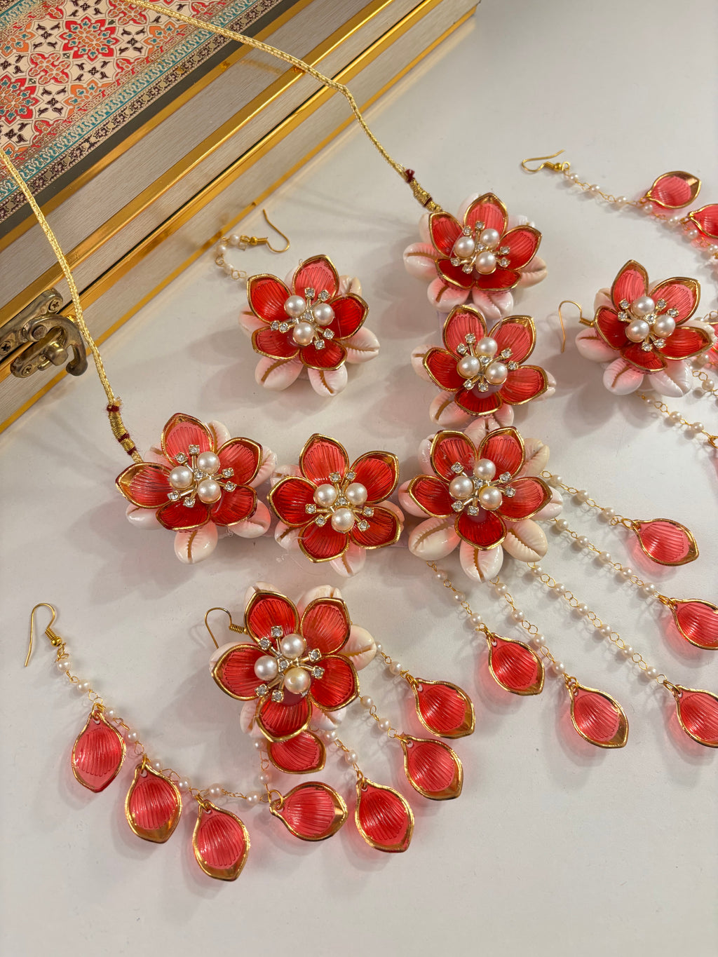 Rose Petal & Mogra Touch Necklace With Mang Tikka & Earrings With Side Layers (Red)