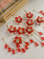 Rose Petal & Mogra Touch Necklace With Mang Tikka & Earrings With Side Layers (Red)