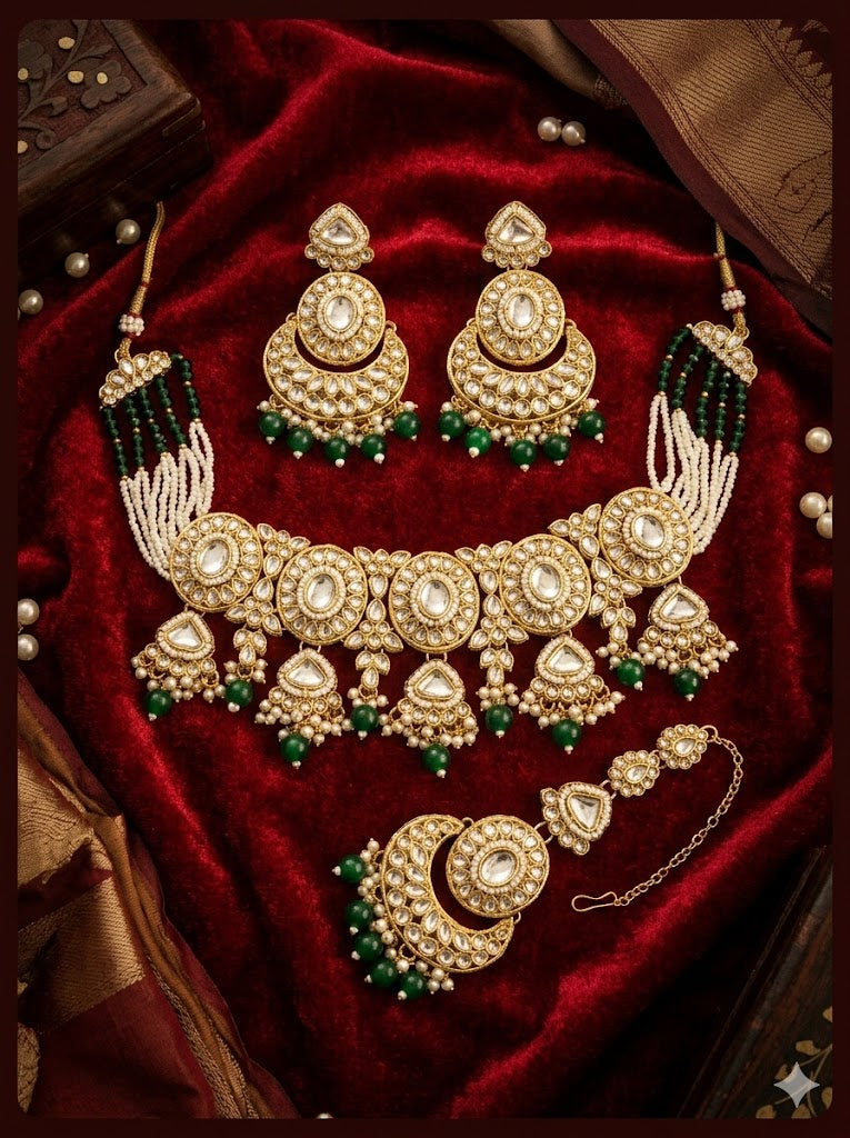 Aisha Heavy Look Choker Set With Mang Tikka & Earrings ( Green)