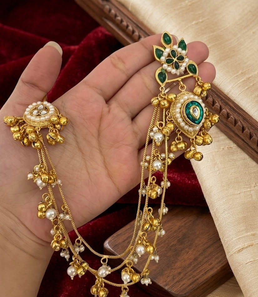 Sunheri Earrings With Side Layers In Ghungroo Touch (Green)