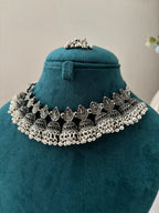 Designer Silver Necklace With Mang Tikka & Jhumkas