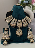 Royal Black Jadau Heavy Look Necklace With Mang Tikka & Long Earrings