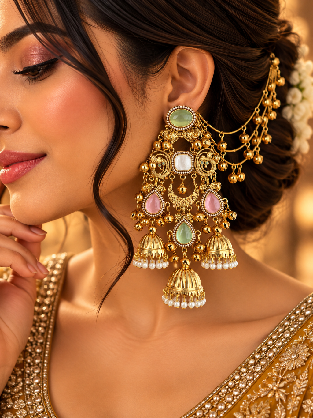 Vamika Long Kashmiri Earrings With Detachable Earchain (Pastel Shade)
