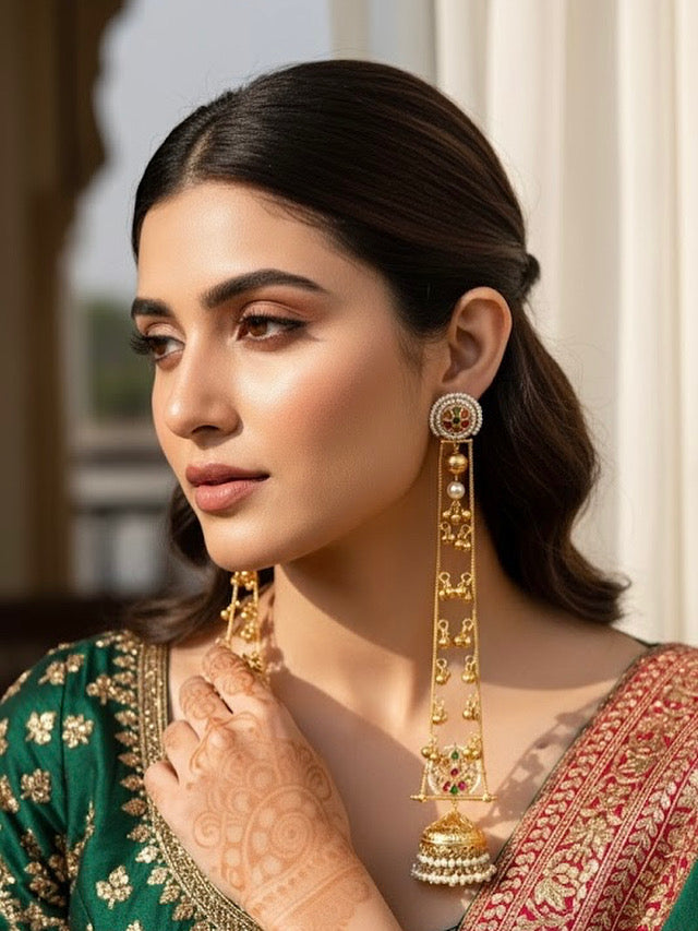 Heer Kashmiri Long Jhumkas (Ruby & Green)