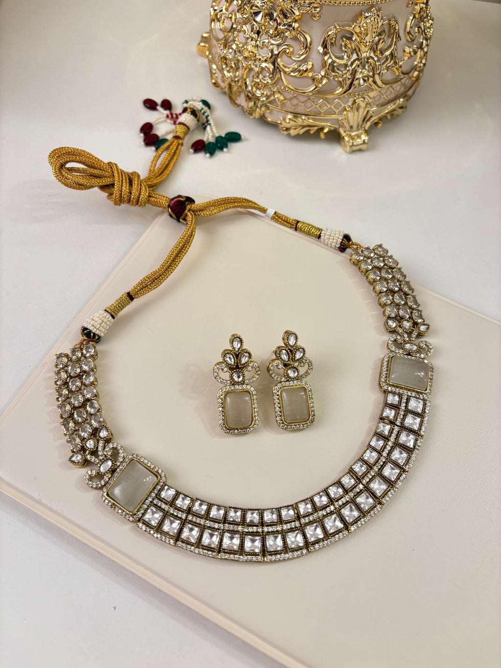 Premium Double Layer Look Like Moissanite & Doublet Stones Work Necklace With Earrings