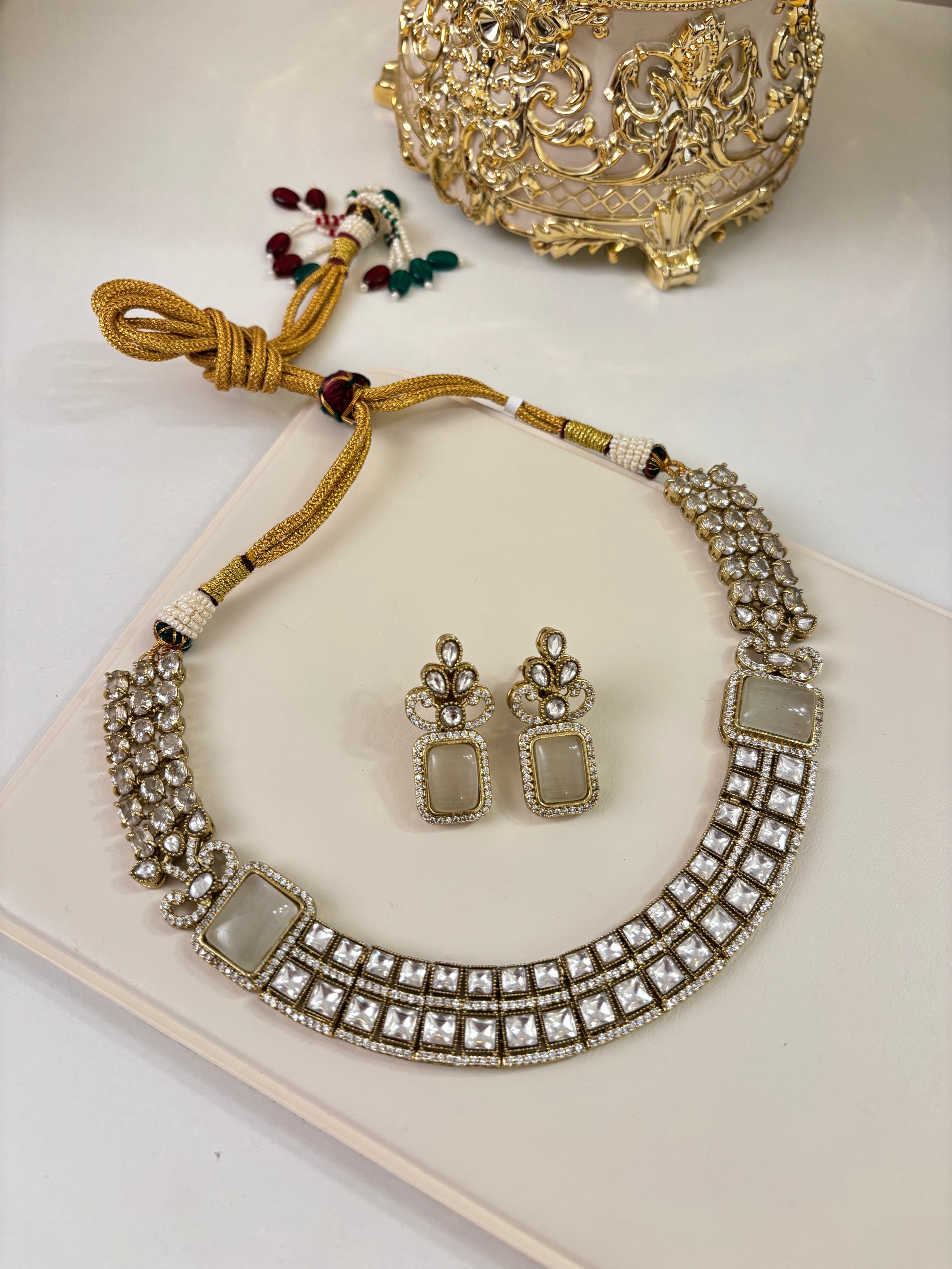 Premium Double Layer Look Like Moissanite & Doublet Stones Work Necklace With Earrings