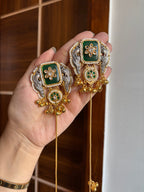 Golden & Silver Combination Long Kashmiri Earrings ( Green)