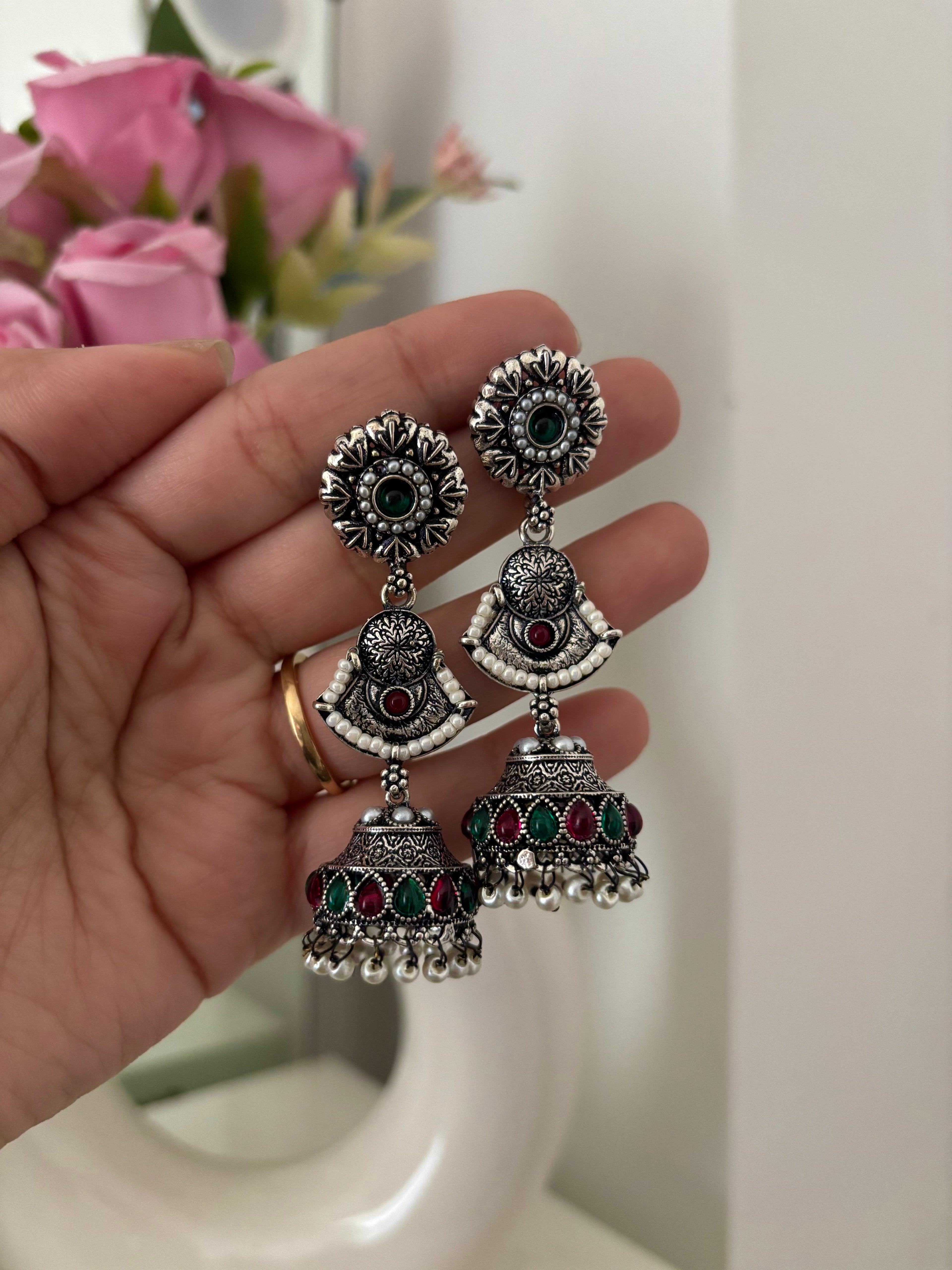 Shikha Silver Maroon & Green Mix Jhumkas