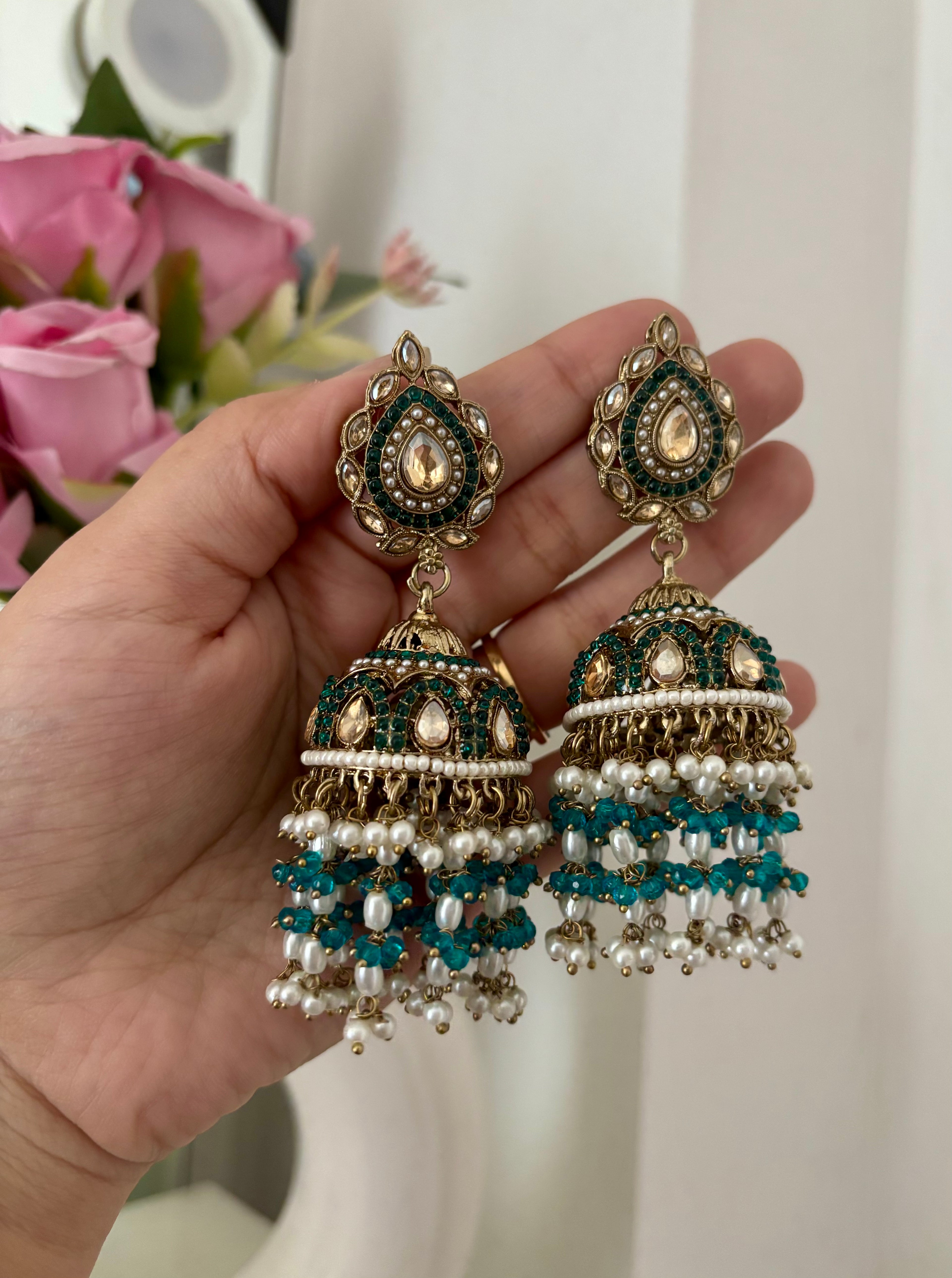 High Quality Designer Jadau Green Jhumkas