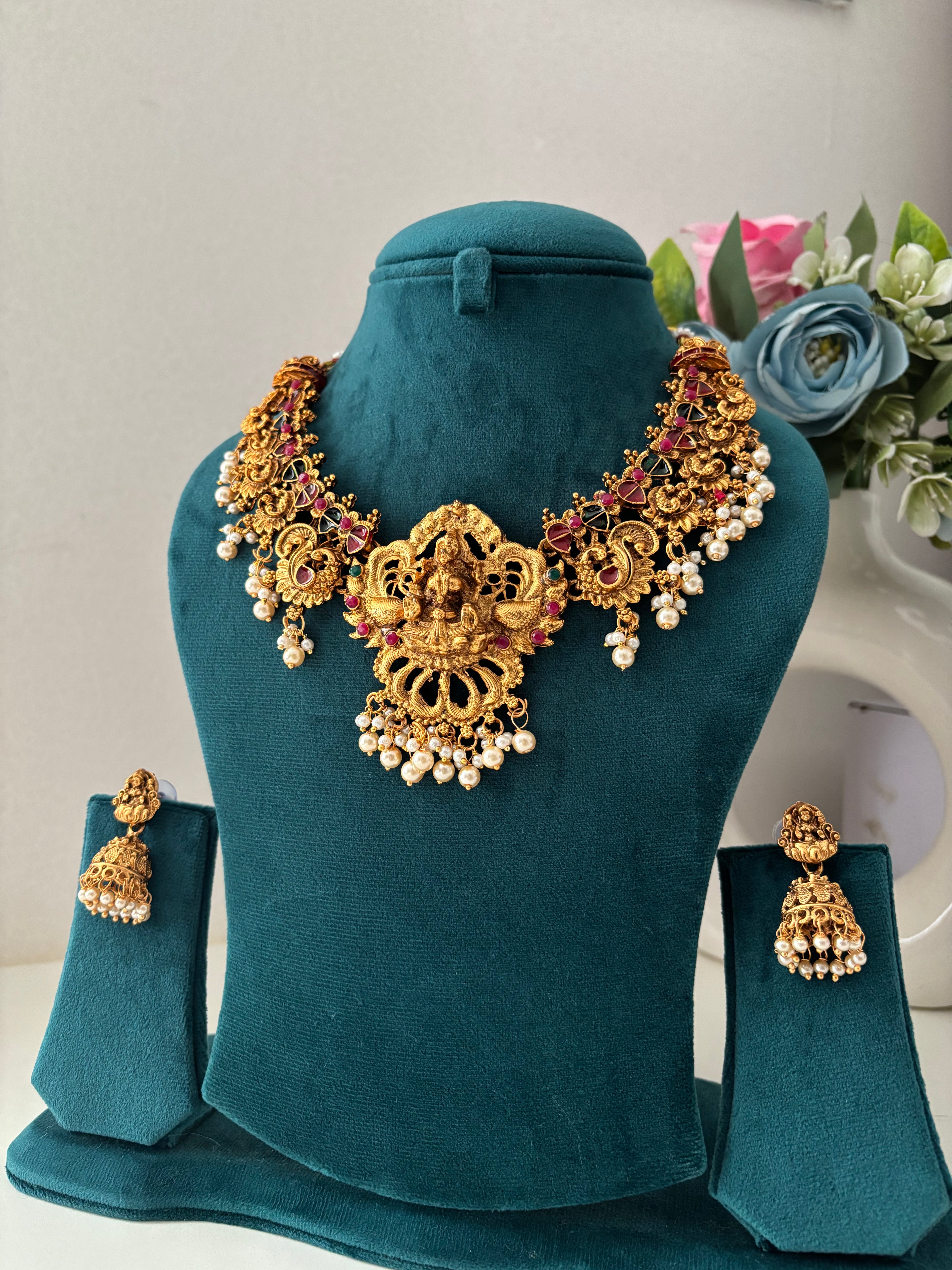 Gold Look Like Temple Jewellery Necklace With Jhumkas
