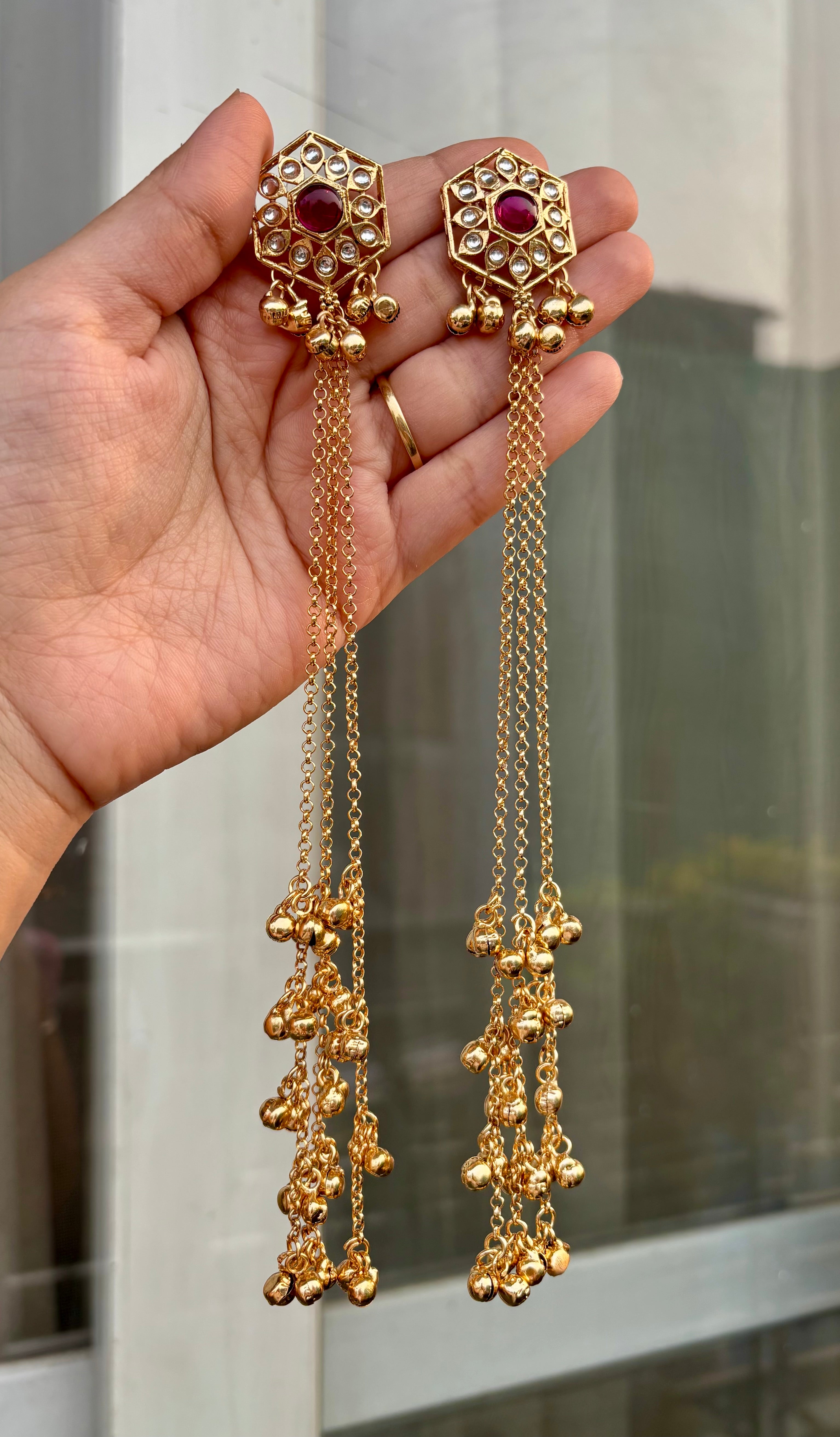 Preet Dark Maroon Stud Kashmiri Long Layer Ghungroo Earrings