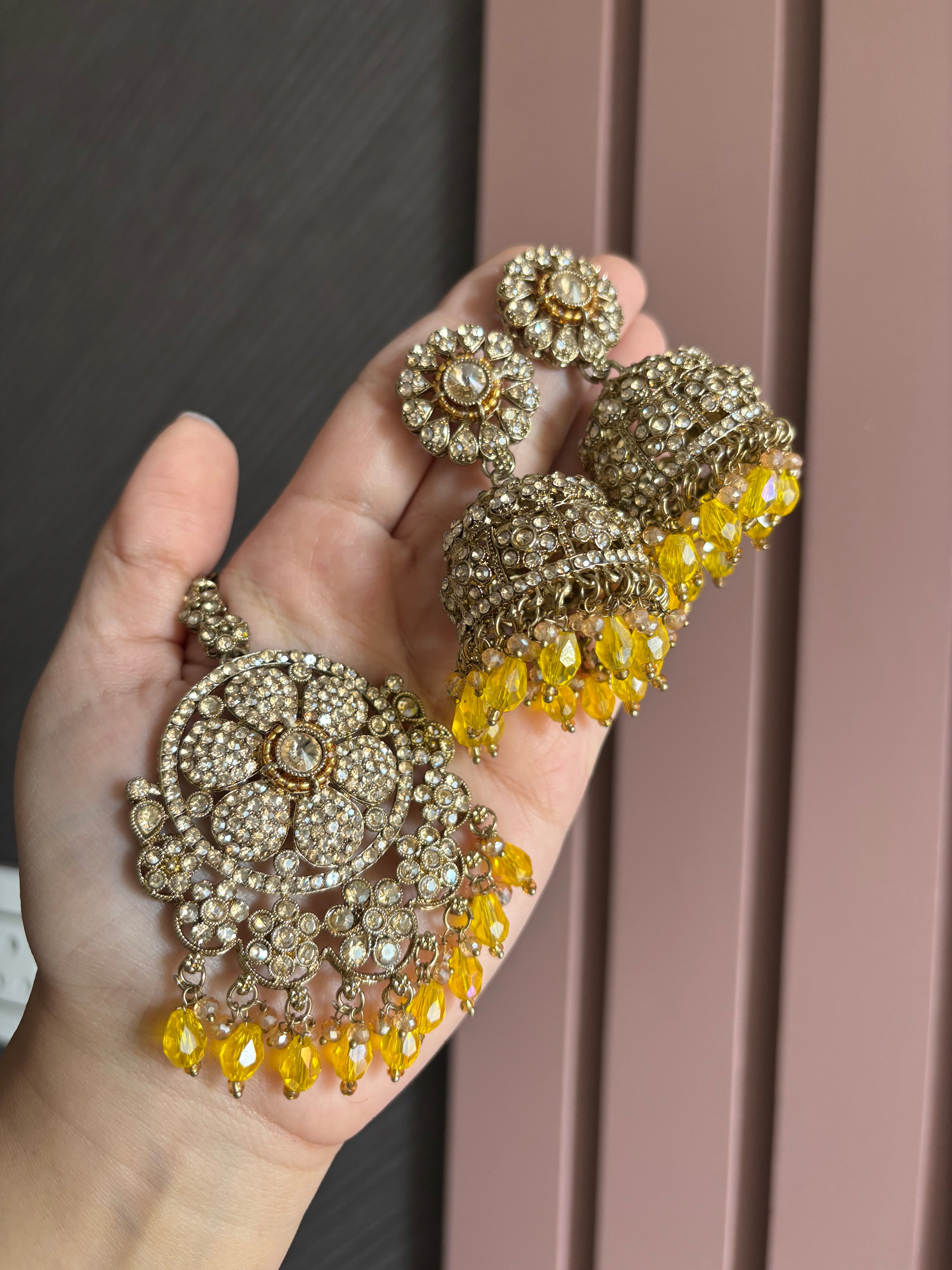 High Quality Designer Flower Mang Tikka & Jhumki ( Yellow)