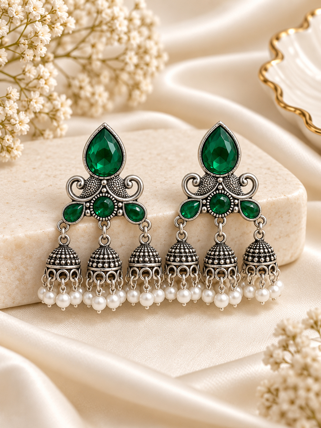 Dipti 3 Jhumki Touch Silver Earrings (Green)