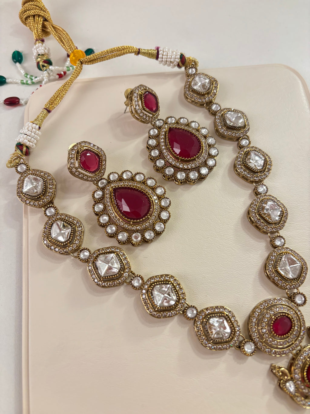 Premium Long Moissanite Necklace With Earrings (Maroon)