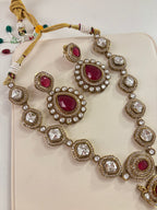 Premium Long Moissanite Necklace With Earrings (Maroon)