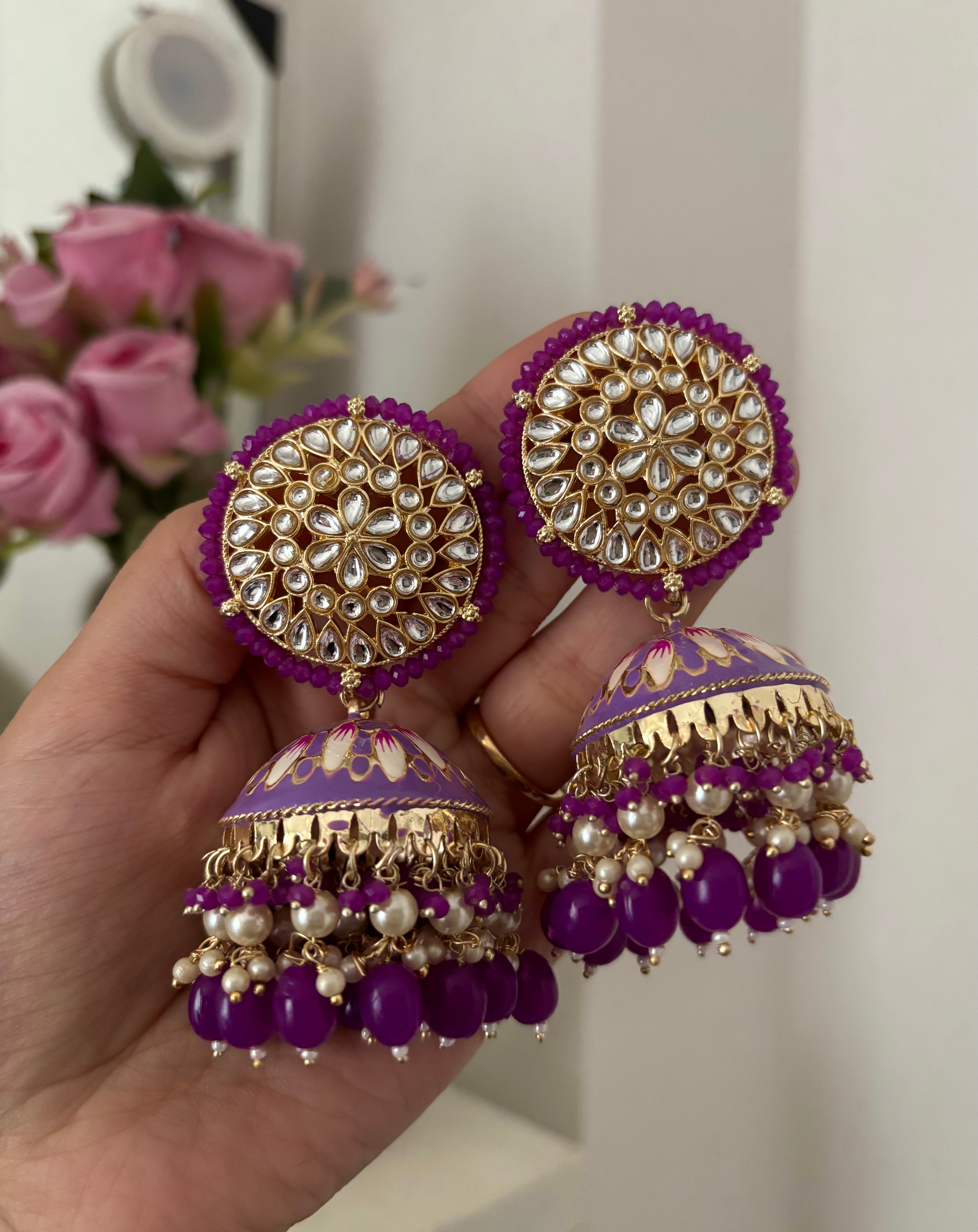 High Quality Designer Handpainted Meenakari Work Jhumkas ( Purple )