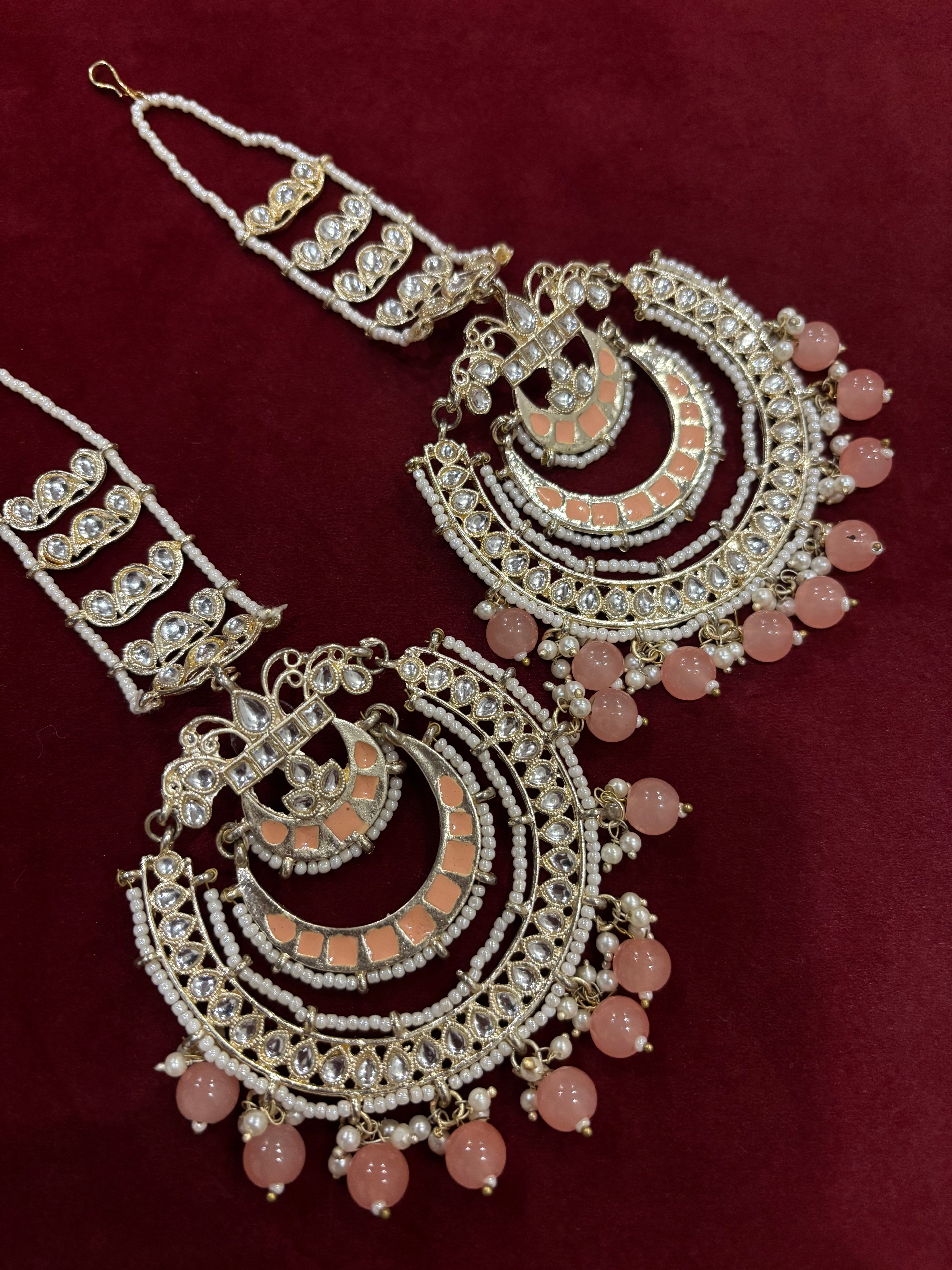 High Quality Designer Peach Oversized Chandbali Earrings With Sahara