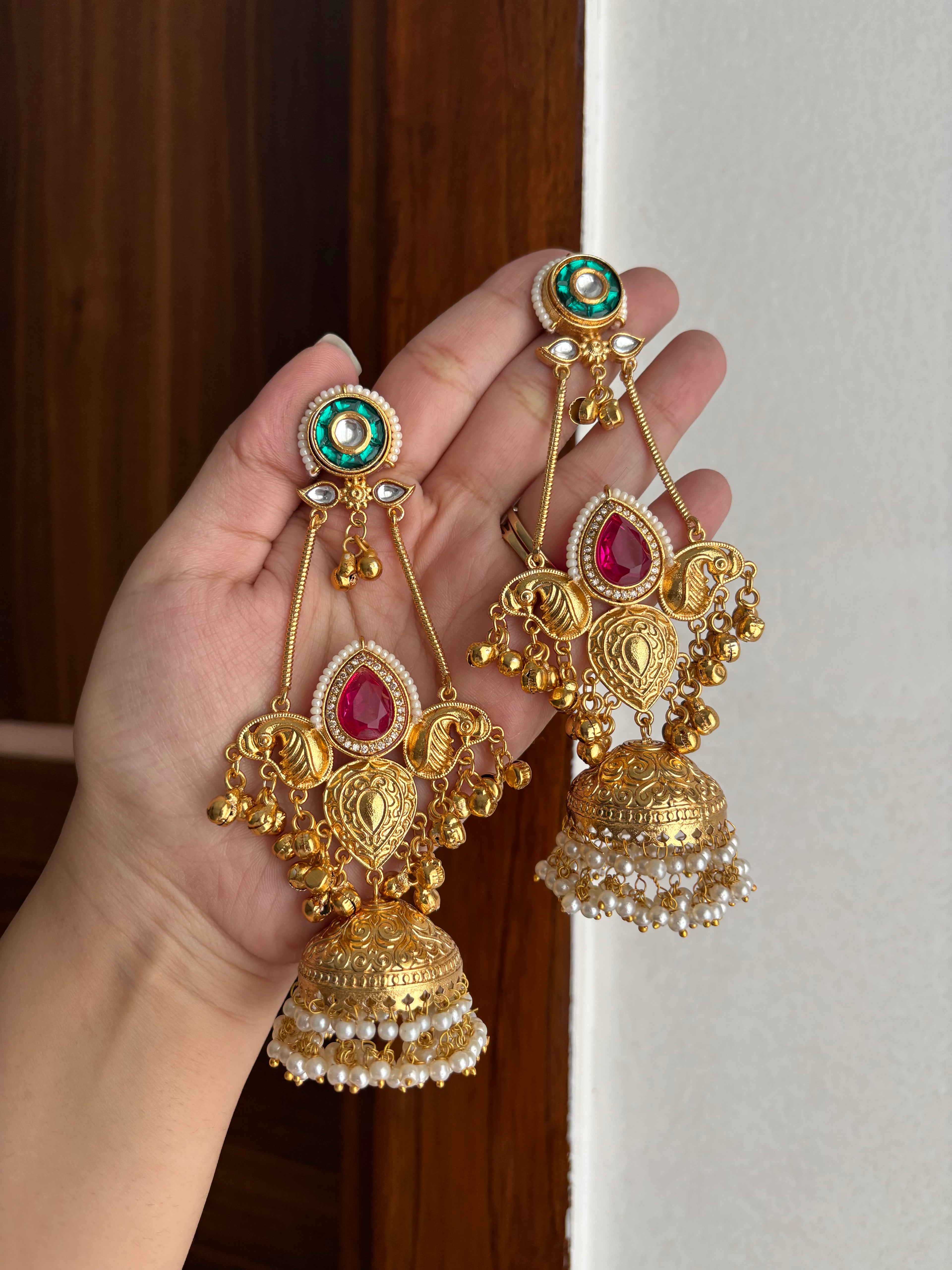 Aarti Designer Jhumkas (Ruby & Green)