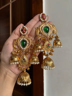 Rashmika Kashmiri Jhumkas With Detachable Earchain (Ruby/Emerald)