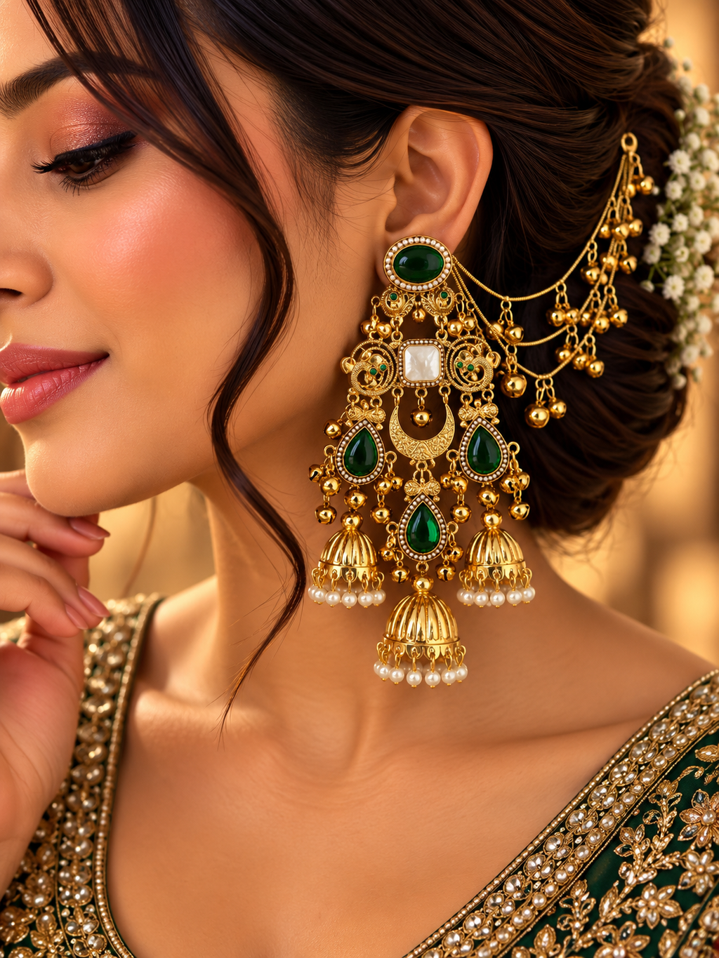 Vamika Long Kashmiri Earrings With Detachable Earchain (Green)
