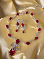 Angel American Diamond Sleek Necklace With Earrings (Ruby)