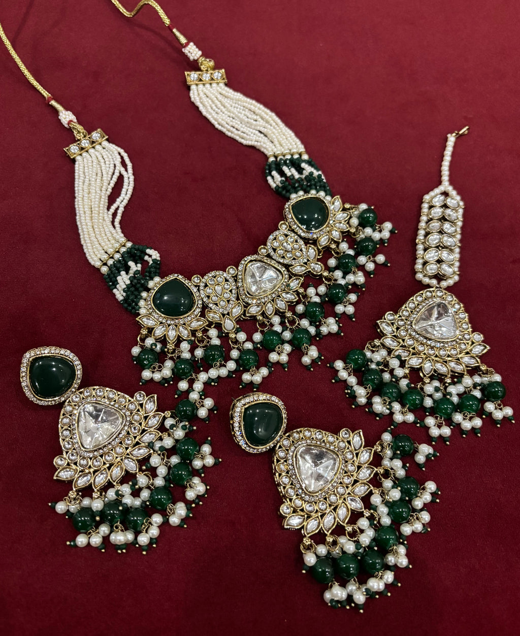 Emerald Navneet Heavy Look Necklace With Mang Tikka & Earrings